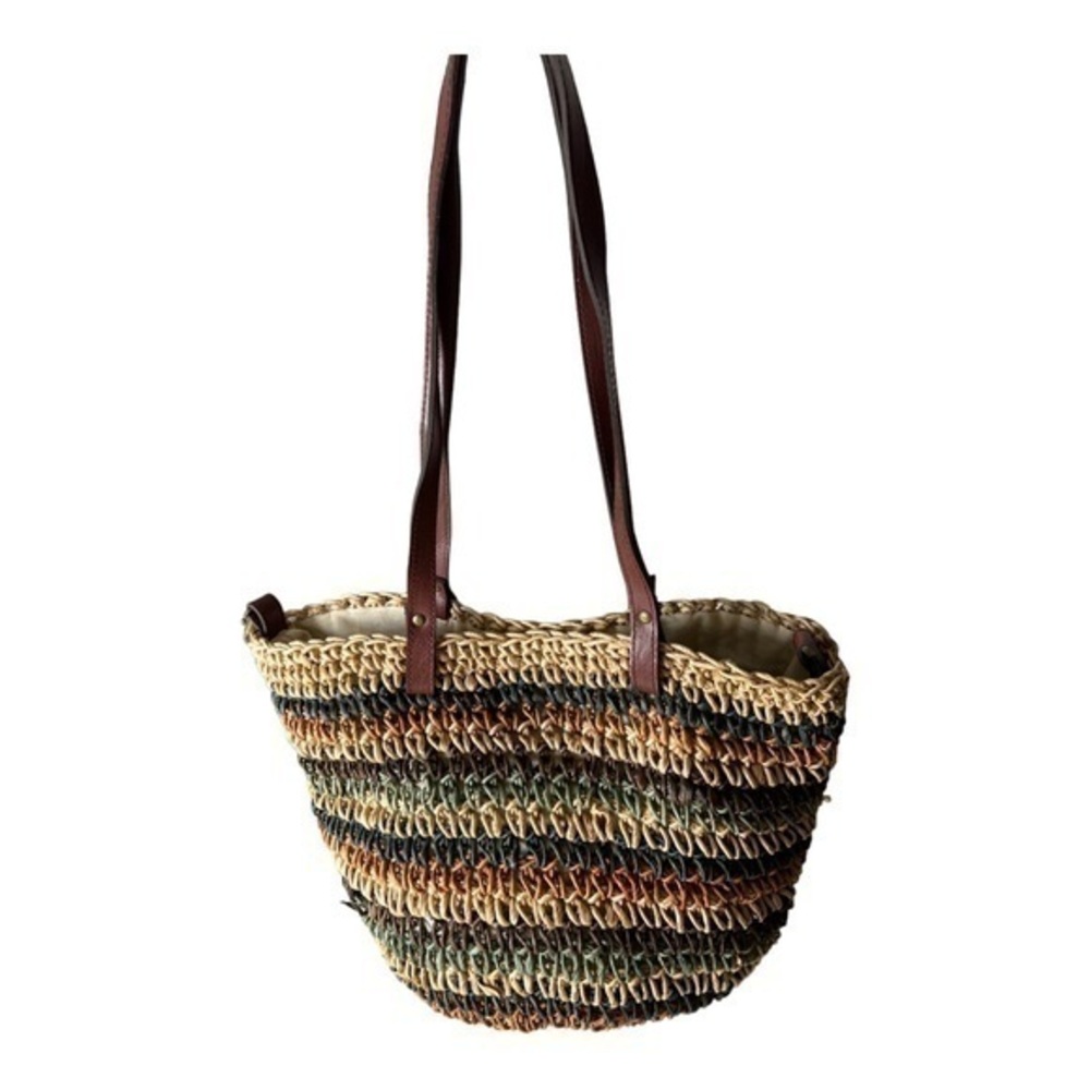 Vintage Large Multicolored Boho Woven Raffia Summer Tote